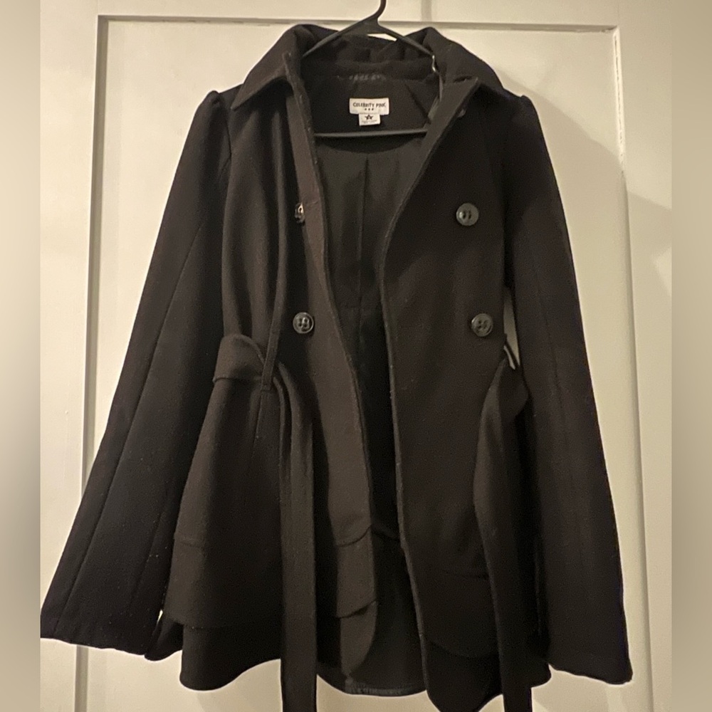 Black princess pea coat w/ hood and belt